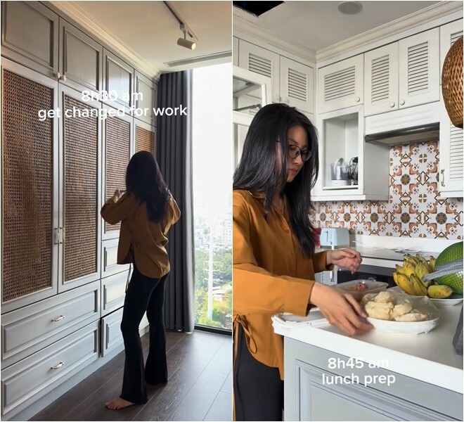 Không gian bếp thiết kế theo tông trắng xám chủ đạo, kết hợp gạch bông hoa văn nhã nhặn tạo điểm nhấn thị giác – thể hiện gu thẩm mỹ tinh tế nhưng không cầu kỳ.