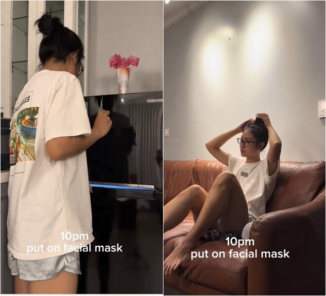 Góc thư giãn với sofa nâu da và ánh sáng vàng vừa đủ, tạo nên không gian riêng tư thoải mái để Phương Linh dưỡng da và nghỉ ngơi sau một ngày dài.