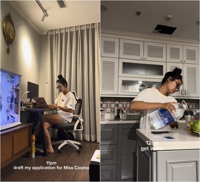 Khu vực làm việc đơn giản, gồm bàn gỗ tối màu và ghế công thái học, kê sát rèm cửa lớn – nơi cô cô vẫn dành thời gian cho công việc khi đã gần nửa đêm, cho thấy sự chăm chỉ và chỉn chu.