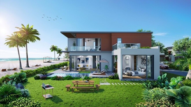 Toàn cảnh biệt thự, thiết kế hiện đại với mảng xanh bao quanh, đón trọn nắng gió và sự yên bình từ thiên nhiên. Không gian thoáng đãng, bên cạnh biển xanh cát trắng, vẻ đẹp tự nhiên tràn ngập trong từng khung hình.