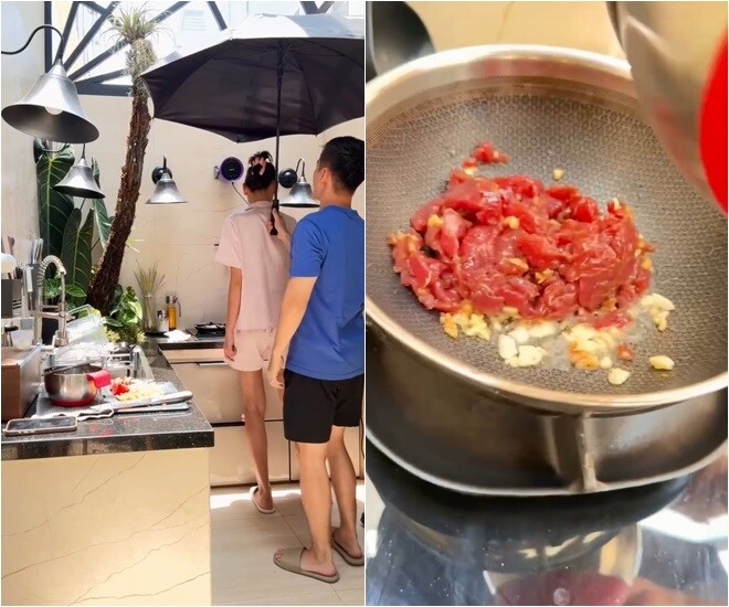 Đỗ An ân cần đứng che ô cho vợ giữa lúc cô đang xào thịt bò. Sự ngọt ngào của hai vợ chồng trong căn bếp khiến dân mạng không khỏi xuýt xoa.