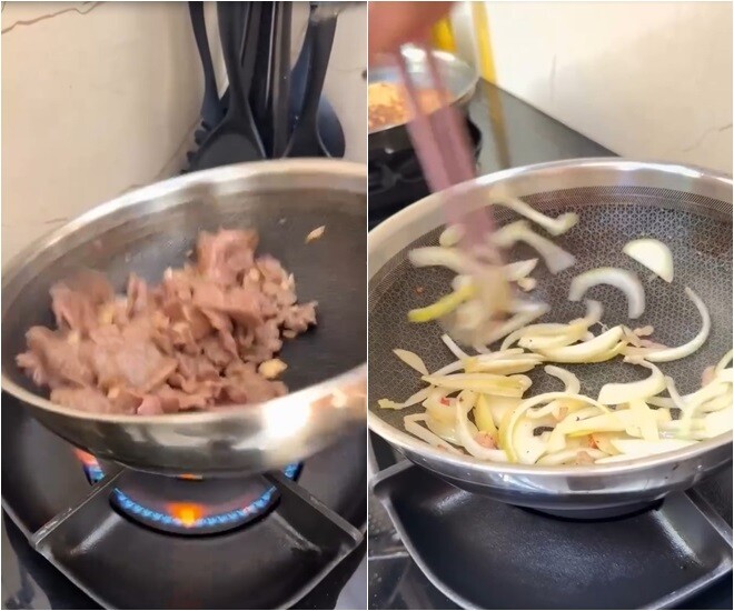 Từng bước nấu ăn được Lê Thúy thực hiện tỉ mỉ – từ phi tỏi thơm đến đảo đều thịt bò cho săn lại rồi cho nhiều loại rau củ quả. Món ăn tuy đơn giản nhưng đòi hỏi lửa đều và cần đảo liên tục.