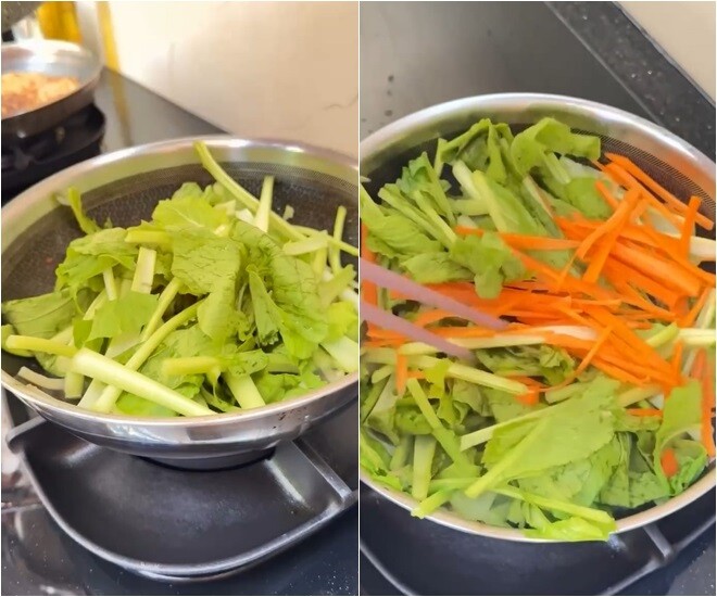 Các loại rau củ như cải, cà rốt, hành tây được cắt dài, đều. Màu sắc tươi tắn hứa hẹn món ăn không chỉ ngon miệng mà còn đẹp mắt.