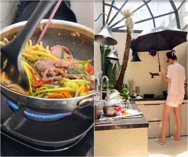 Lê Thúy còn cho thêm cà chua. Mọi nguyên liệu được kết hợp lại trong chảo, thịt bò hòa quyện cùng rau củ và gia vị tạo nên hương vị hấp dẫn. Khúc này Đỗ An đã mỏi vì liên tục phải nâng ô khi vợ quá cao nên đã gài ô vào 2 chiếc đèn chụp và để Lê Thúy cầm một tay khiến mọi người được thêm một trận cười. 
