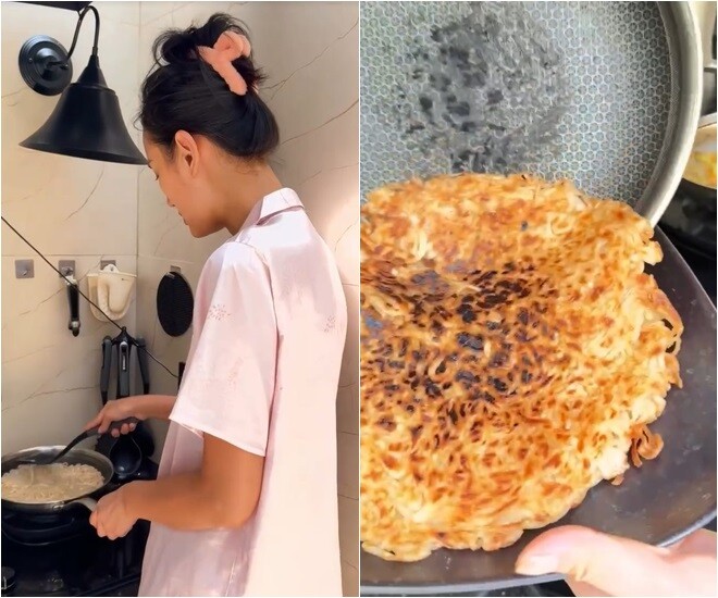 Dù vậy, nữ người mẫu vẫn khen chồng thông minh và tiếp tục nấu ăn. Cô chiên mì gói cho giòn đều hai mặt – một cách biến tấu thú vị giúp món ăn có thêm điểm nhấn và vị giòn rụm khi thưởng thức.