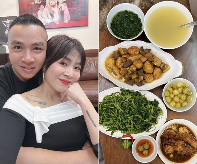 Mâm cơm nhà do MC Hoàng Linh nấu gồm: Thịt kho trứng chả, canh rau ngót thanh mát, rau muống luộc xanh mướt chấm nước mắm dầm sấu, cà pháo muối giòn rụm, đặc biệt là món cá kho đậm đà, đưa cơm.