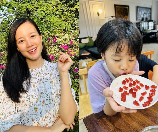 Bơ - con gái MC Minh Trang chu môi tạo dáng bên dĩa kẹo chip chip do chính tay mình làm. Những viên kẹo dẻo hình trái tim, gấu bông, viên gạch... đẹp mắt và đáng yêu vô cùng.