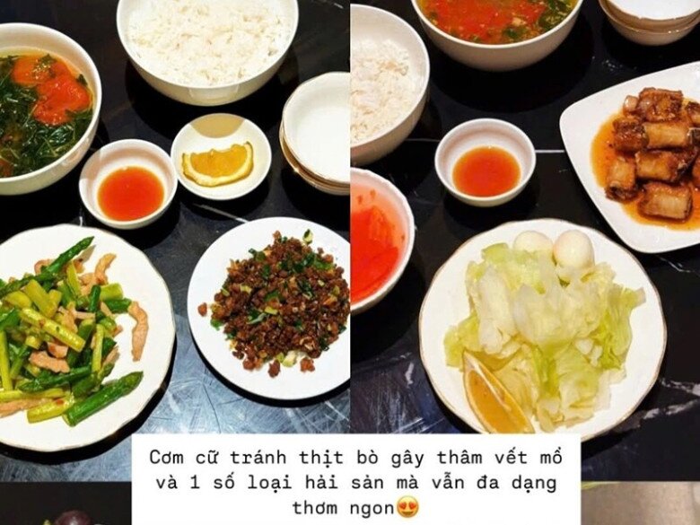 Một điểm nữa là những bữa cơm sau sinh của BTV 9x tránh thịt bò và một số loại hải sản, dễ gây thêm vết mổ hay dị ứng, còn mâm cơm của cô vẫn rất đa dạng và thơm ngon.