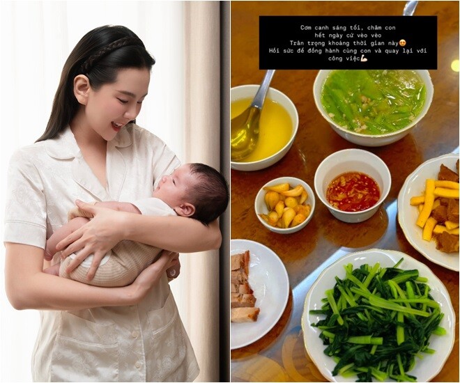 Mâm cơm tối giản dị của Mai Ngọc với những món quen thuộc: canh bí đao ngọt mát, thịt kho dừa, thịt quay, rau cải luộc xanh mướt, nước chấm tỏi ớt bắt mắt và thêm chút củ kiệu chua chua. Một bữa cơm thường ngày nhưng chứa đầy sự quan tâm và chăm chút.