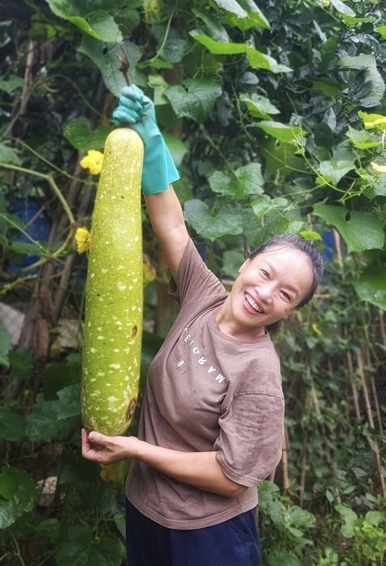Không ai ngờ một nữ nghệ sĩ lại tự mình trồng được quả bí to đùng. Cô cười sung sướng khi nâng quả bí nặng bằng cả cánh tay. Mẹ Bích cho hay: Định làm giống... Mà dứt khỏi giàn rồi, cố quá thành quá cố rồi.