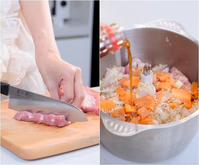 Lần này, Trương Mỹ Nhân tự làm dồi sụn. Sụn được trộn cùng cà rốt, hành trắng, hành tím, cho hạt nêm, tiêu, nước mắm, một ít đậu trắng, rau răm… rồi cho vào máy xay nhuyễn.