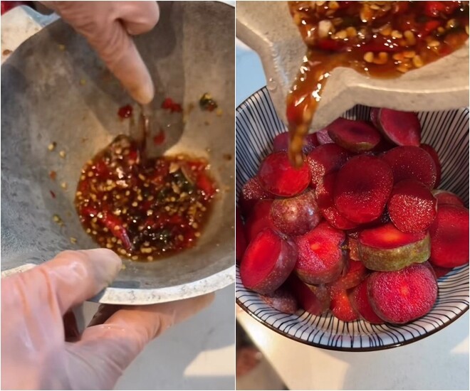 Tỏi, ớt được giã nhuyễn cùng đường và nước mắm, tạo thành hỗn hợp mắm ớt thơm nồng. Sau đó rưới đều lên những lát mận tươi đỏ au, tạo nên món mận mắm ớt vừa cay vừa ngọt.