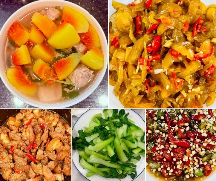 Các món ăn của nữ diễn viên đều rất dân dã mà hao cơm. Bếp bà Hà lên món canh đu đủ hầm xương - thịt kho tiêu - rau luộc - dưa mắm làm ai nấy nhìn mà thấy đói bụng liền.