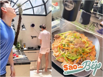 Lê Thúy nấu ăn giữa trời nắng, chồng phải đứng che ô cho cô vợ cao nghều