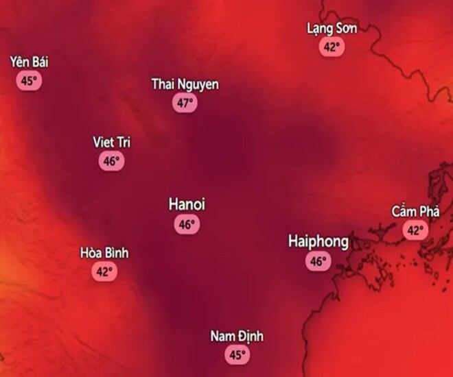 Dự báo nhiệt độ cảm nhận ở một số tỉnh thành miền Bắc vào trưa và chiều Chủ Nhật, 15/6. Ảnh: Zoom Earth, OpenStreetMap, ICON.