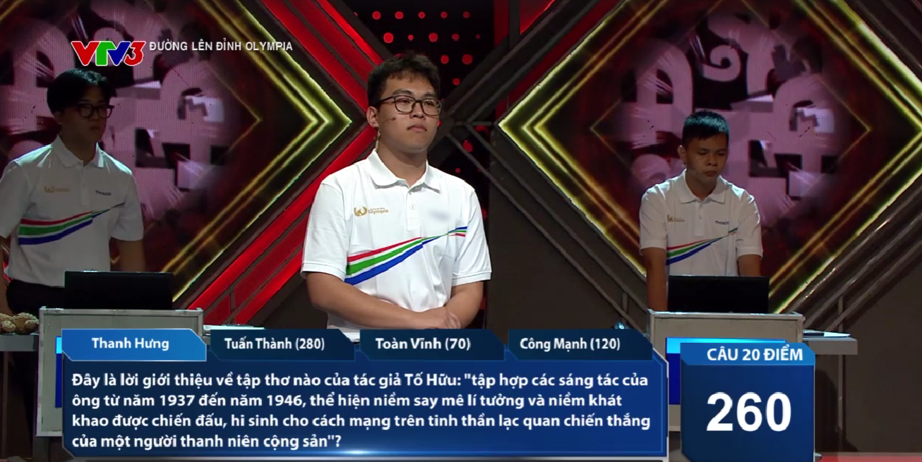 Người Về đích thứ 2 là Thanh Hưng cùng 2 câu trả lời đúng. Công Mạnh đưa ra 1 đáp án chính xác, lấy đi 20 điểm của Thanh Hưng. Kết thúc lượt Về đích của mình, Thanh Hưng có 260 điểm.
