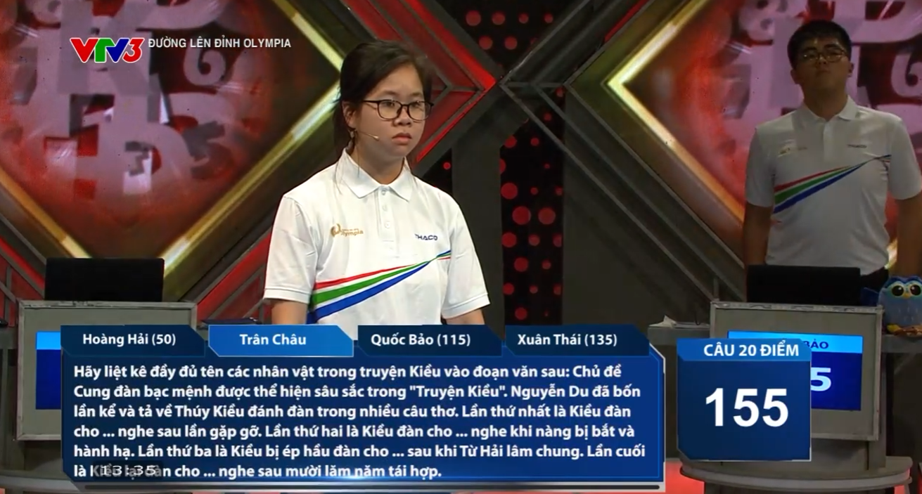 Trân Châu là người Về đích đầu tiên với 1 câu trả lời đúng, nâng tổng số điểm lên 175. Quốc Bảo và Xuân Thái lần lượt đưa ra đáp án sai trong phần thi của Trân Châu và bị trừ điểm. 