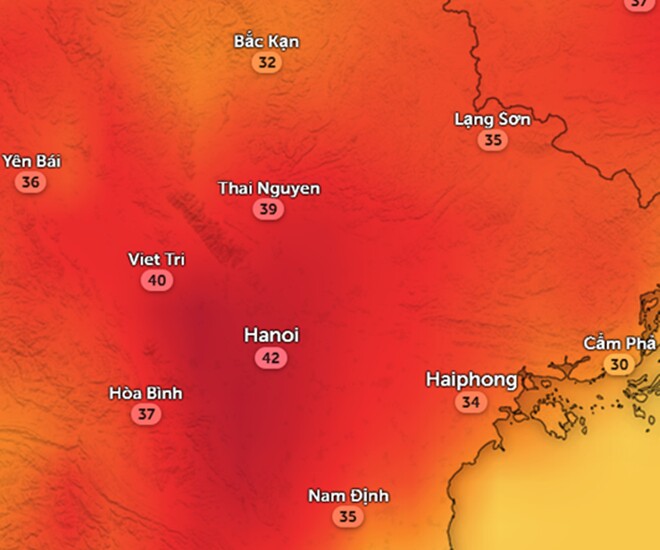 Nhiệt độ cảm nhận ở một số tỉnh thành miền Bắc chiều nay, 21/4. Ảnh: Zoom Earth, OpenStreetMap, GFS.