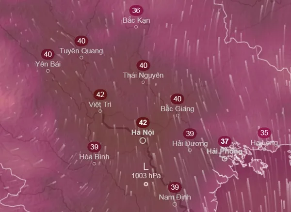 Phần lớn các mô hình dự báo Hà Nội lại có nắng nóng vào ngày 18 - 19/6 (thứ Tư, thứ Năm tới). Trong hình là nhiệt độ cảm nhận dự báo ở một số tỉnh thành miền Bắc vào chiều 19/6 (thứ Năm). Ảnh: Ventusky, ICON.