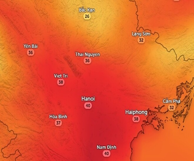 Dự báo chiều mai nhiệt độ cảm nhận ở Hà Nội có thể lại lên đến 40oC. Ảnh: Zoom Earth, OpenStreetMap, GFS.