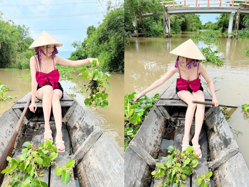 Cô gái Tiền Giang mặc áo hai dây, váy ngắn khi đi thuyền, để lộ đôi chân dài cùng làn da trắng như bông bưởi, không ai khác chính là hoa hậu, diễn viên Phan Thị Mơ. Hình ảnh được chụp trong một dịp người đẹp về quê khiến ai cũng phải ngoái nhìn.
