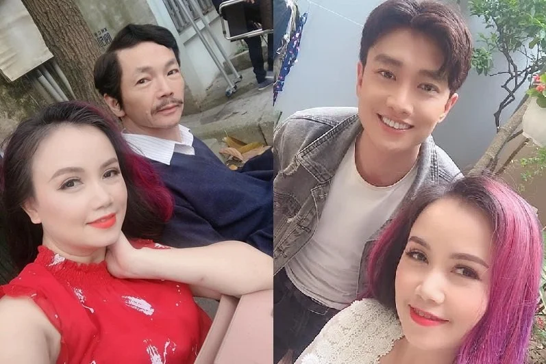 Hoàng Yến chụp hình kỷ niệm cùng nghệ sĩ Trung Anh và diễn viên Quốc Trường.