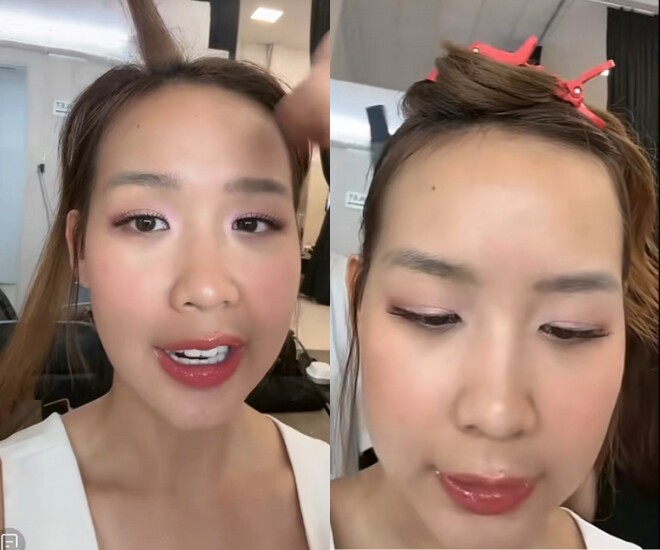 Nàng hậu tranh thủ lúc trang điểm để giải đề thi Tiếng Anh.