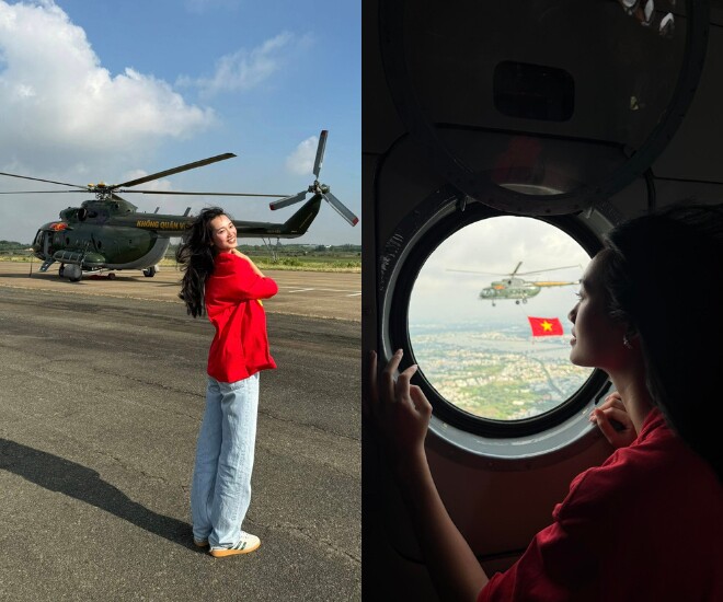 Á hậu Quỳnh Anh là người đẹp hiếm hoi được đi trên trực thăng của lực lượng không quân Việt Nam.