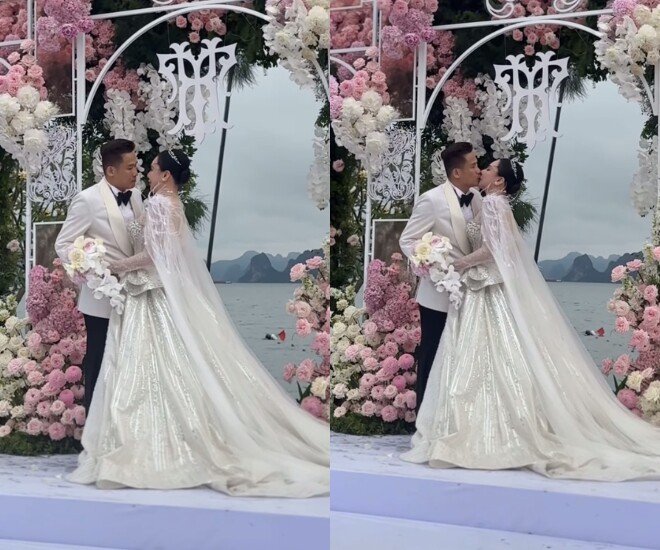 Hồ Quỳnh Hương và chồng doanh nhân khóa môi trên lễ đường.