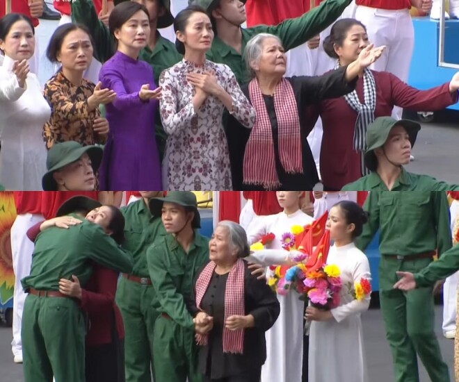 6 nữ nghệ sĩ hóa thân thành những người mẹ, người vợ anh hùng trong tiết mục “Màu hoa đỏ” khiến khán giả xúc động.