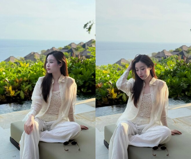 Đỗ Mỹ Linh diện áo xuyên thấu, khoe nhan sắc rạng rỡ khi đi du lịch.