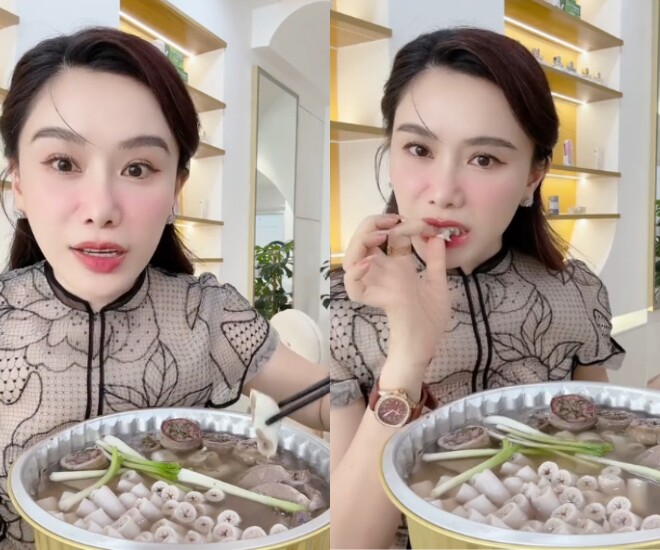 MC Anh Thơ trở thành “tâm điểm” chú ý khi từng trải nghiệm ăn món lòng se điếu.