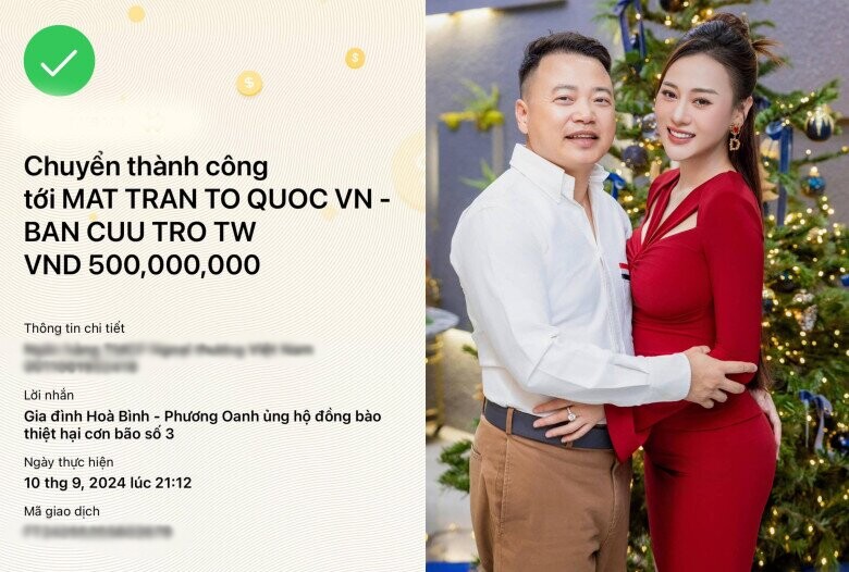 Vợ chồng nữ diễn viên ủng hộ 500 triệu đồng để giúp đỡ khắc phục hậu quả thiên tai.
