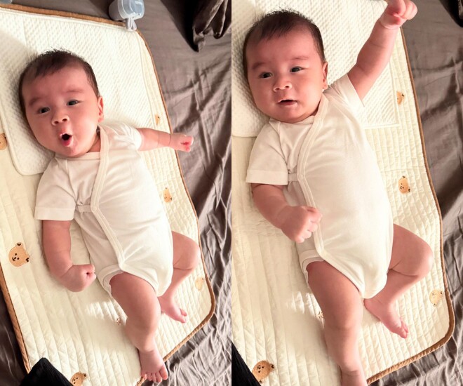 Mai Ngọc hài hước khoe quý tử mới 2 tháng tuổi đã biết “tám chuyện” với mẹ.