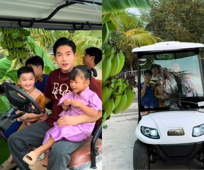 Thanh Đoàn lái xe điện đưa 2 con và các cháu đi hái trái cây trong vườn nhà.