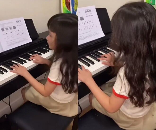 Con gái Trường Giang và Nhã Phương đi học chơi đàn piano.