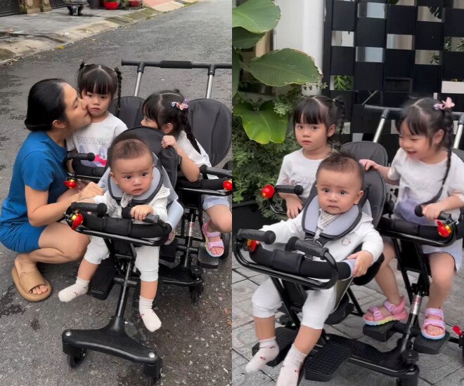 Con trai nữ diễn viên ngày càng kháu khỉnh, thích thú khi lần đầu được đi xe đẩy.