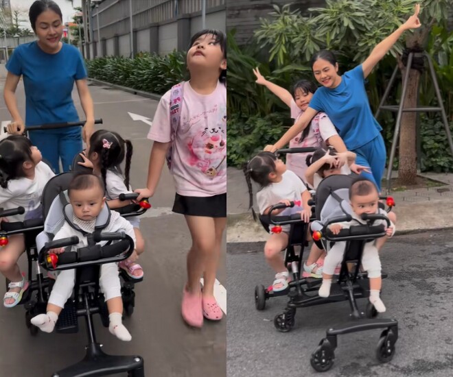 Vân Trang “1 nách 4 con” vẫn chăm sóc nhẹ tênh, chu toàn.