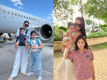 Siêu mẫu Hà Anh đưa gia đình đi du lịch nhưng bị lùi chuyến hơn 6 tiếng, phải chăm con nhỏ ngay tại sân bay