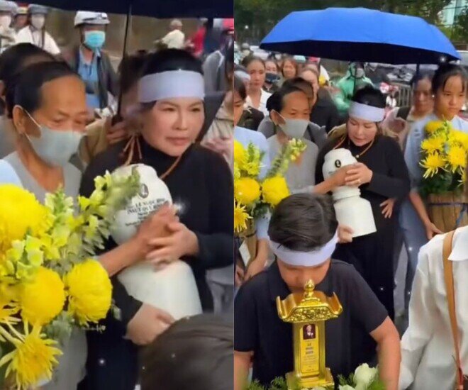 Doanh nhân Ngọc Tiền và gia đình thực hiện nghi thức thủy táng theo di nguyện của cố nghệ sĩ.