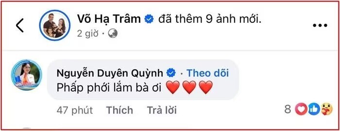 Duyên Quỳnh để lại lời ủng hộ dưới bài đăng của Võ Hạ Trâm.
