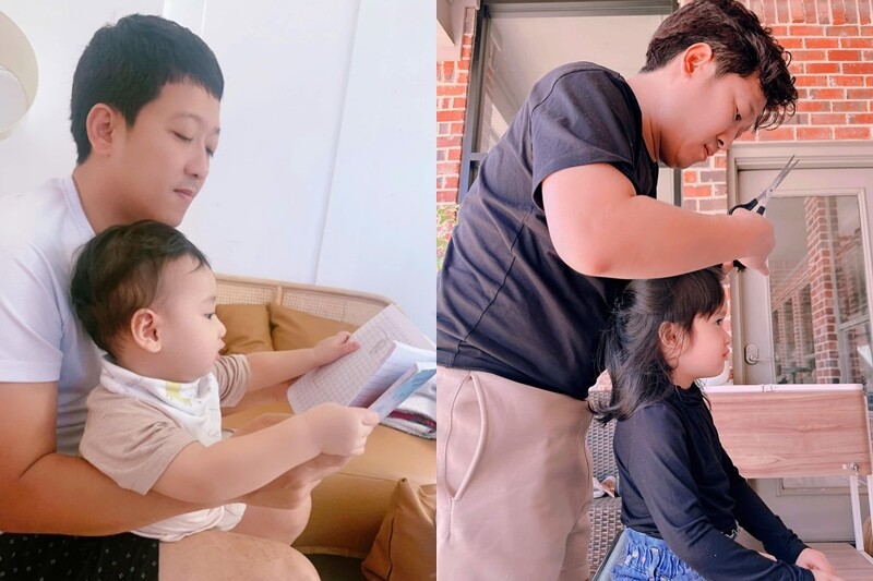 Trường Giang dành nhiều thời gian đọc sách, cắt tóc cho 2 nhóc tì.