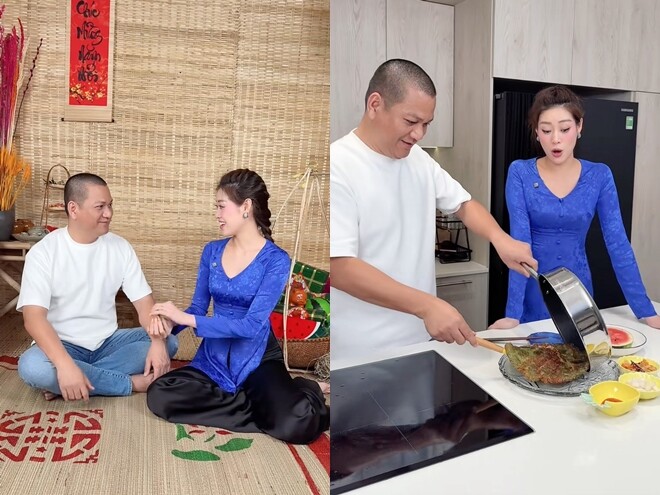Nguyễn Long hợp tác diễn tiểu phẩm cùng vợ.