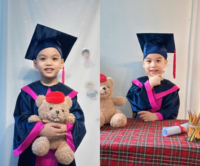 Cặp sinh đôi của nam MC vừa tốt nghiệp trường mẫu giáo.