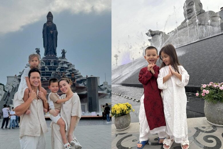 Gia đình nữ ca sĩ chăm đưa 2 con đi chùa.
