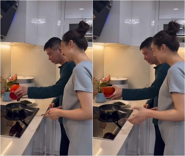 Công Lý cùng vợ vào bếp để nấu ăn.