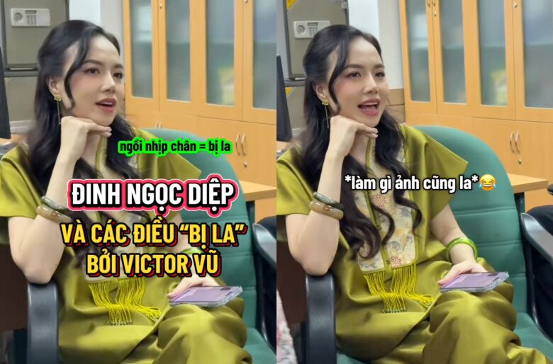 Đinh Ngọc Diệp mách chồng sơ hở là mắng vợ: “Làm ra tiếng ồn là bị la, ngồi nhịp chân cũng bị la, gác chân lên ghế cũng la, làm gì cũng bị la hết trơn”. Dưới video, có người hâm mộ trêu: “Chị kể bị chồng la chứ không kể khúc chị la lại”.