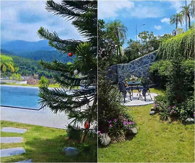 Hồ bơi thiết kế sát mép đồi, mở ra view núi rừng xanh ngút mắt. Góc bàn trà được đặt ẩn dưới vòm cây xanh, có cảm giác rất yên tĩnh.