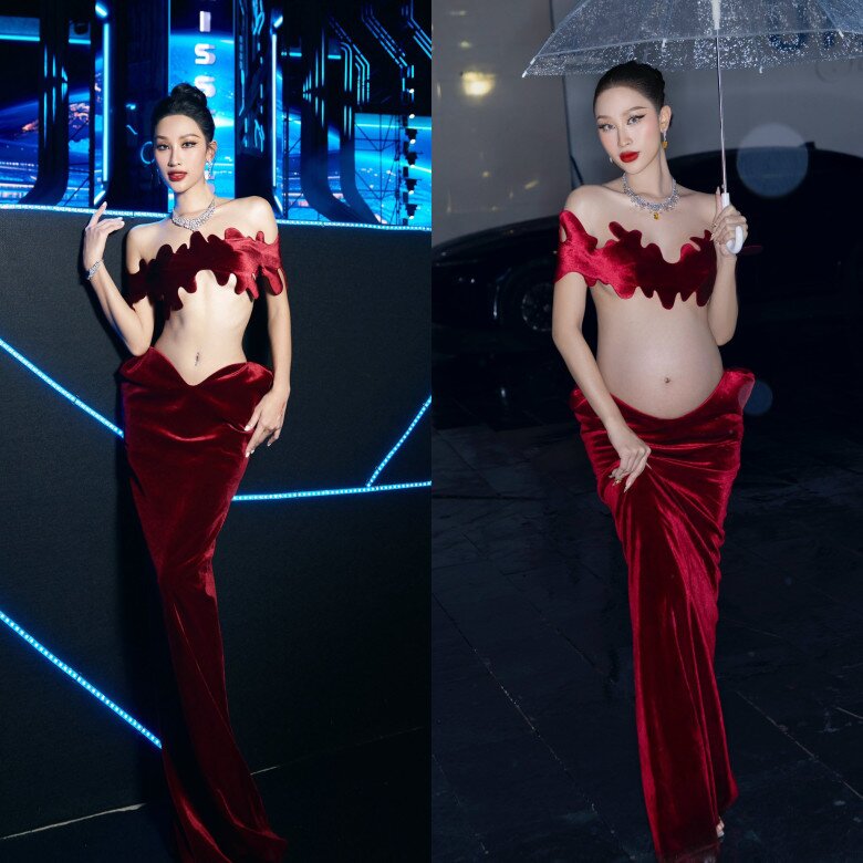 Người đẹp diện cùng 1 thiết kế ở 2 thời điểm khác nhau - trước và sau khi mang bầu.