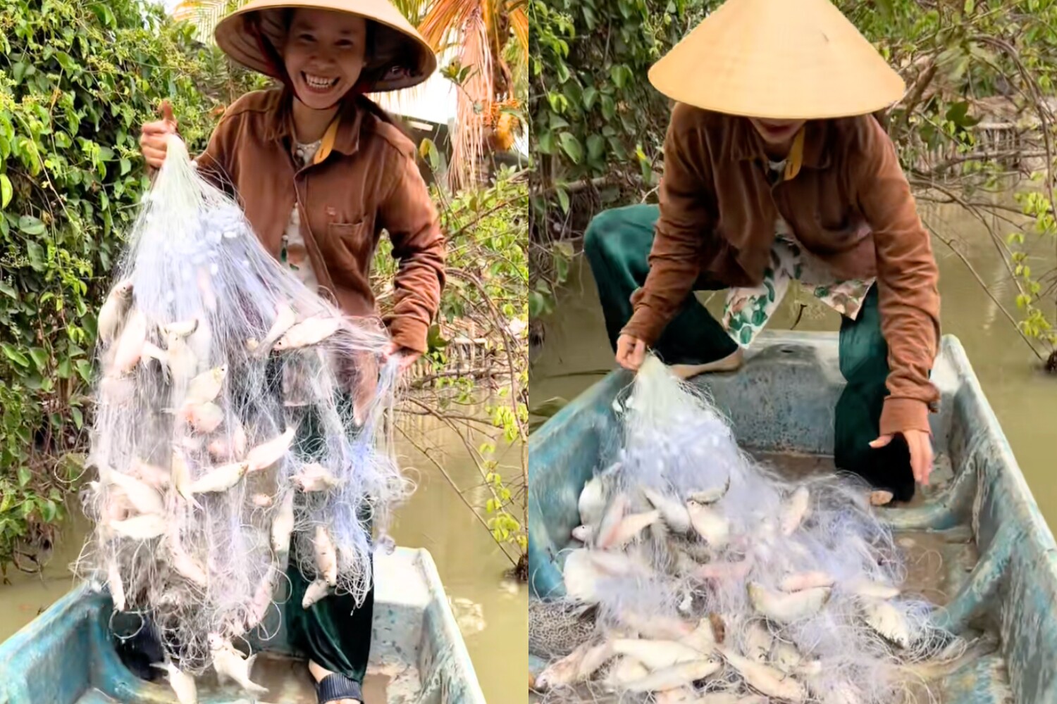 Chị Giang bế bụng bầu chèo xuồng bắt cá, ra ruộng cắt lúa, đuổi chuột, nhặt trứng vịt... về làm món ăn ngon.